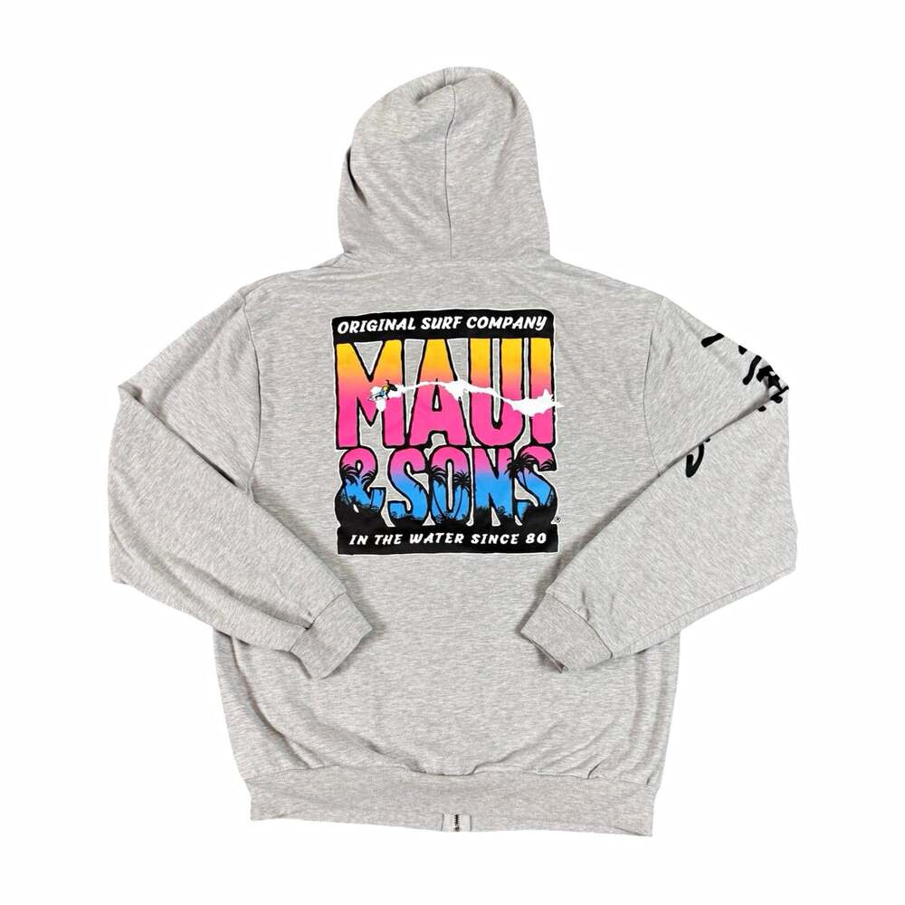 Maui and Sons Gray Full Zip Graphic Fleece Hoodie Pockets Men's Size XXL